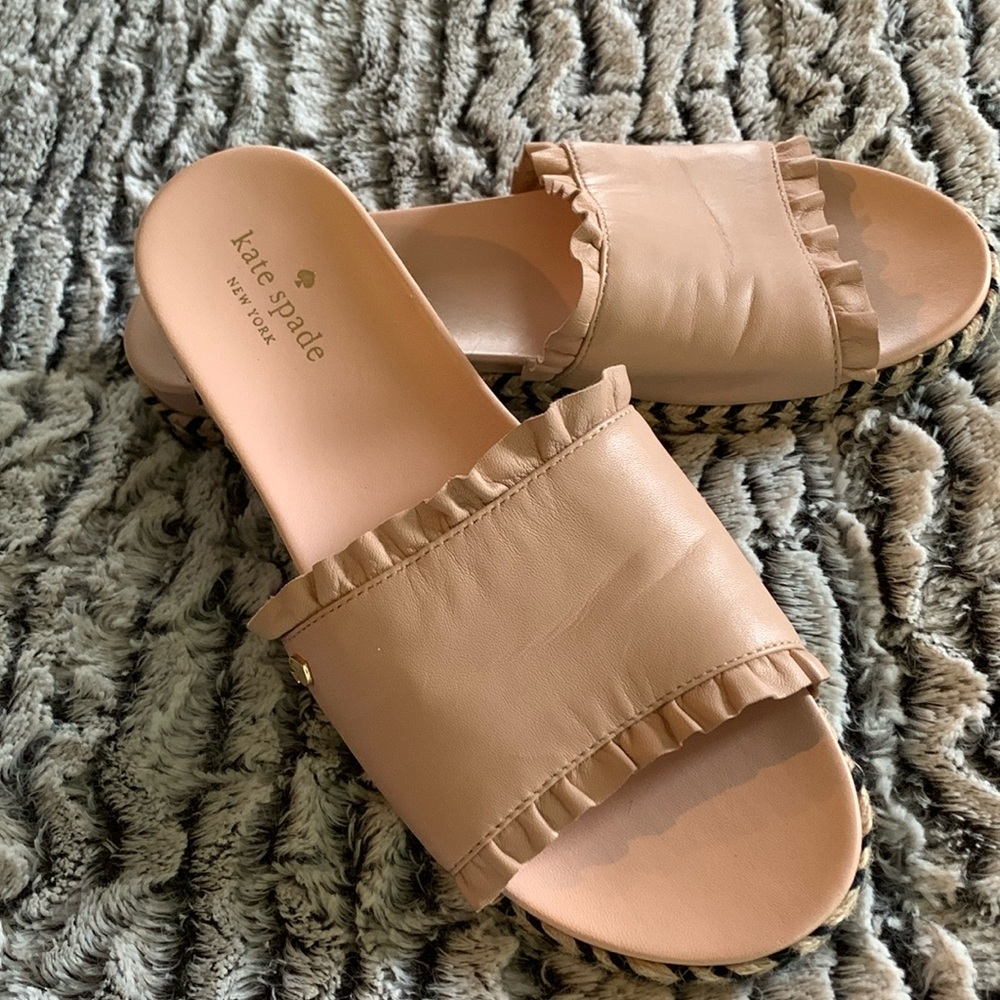 Kate Spade Zahara Pink Leather Ruffle Slide Espadrille Sandals Size US 8